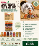 Pack of seven natural vegetable, herb and oat treat bars, each topped with a different flower, fruit or vegetable ingredient for rabbits and small pets.