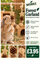 Rosewood Naturals Forest Garland hanging in front of a rabbit reaching up to play; natural toy, 23 × 10 × 4 cm, priced £3.95.