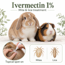 Ivermectin 1% mite and lice treatment for small animals, showing a rabbit, guinea pig and topical spot-on application.