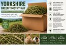 Promotional graphic for Yorkshire Green Timothy Hay, showing a large brown cardboard box filled with green hay, a stack of hay bales, and three small animal photos at the bottom. Text highlights 100% Timothy hay, British grown origin, high fibre content, good for teeth, and dust extracted processing.